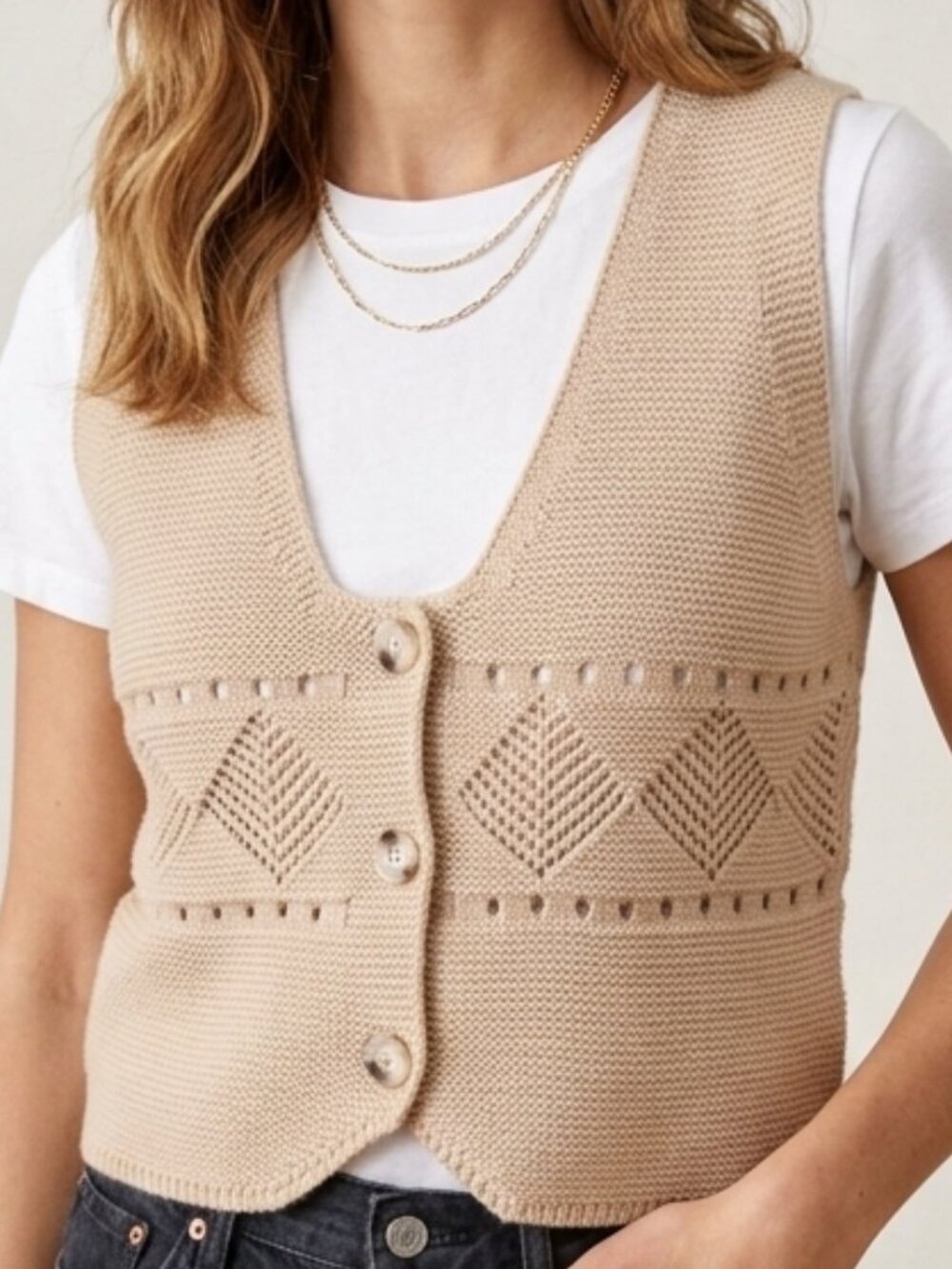 Vintage Style 90s Cottagecore Cropped Pointelle Beige Knit Vest
